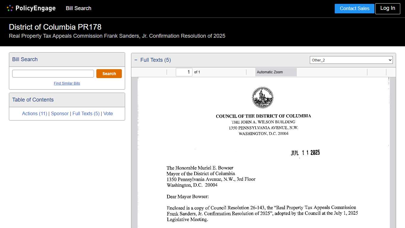 PR178 District of Columbia 2025-2026 Real Property Tax Appeals Commission Frank Sanders, Jr. Confirmation Resolution of 2025 - Legislative Tracking PolicyEngage